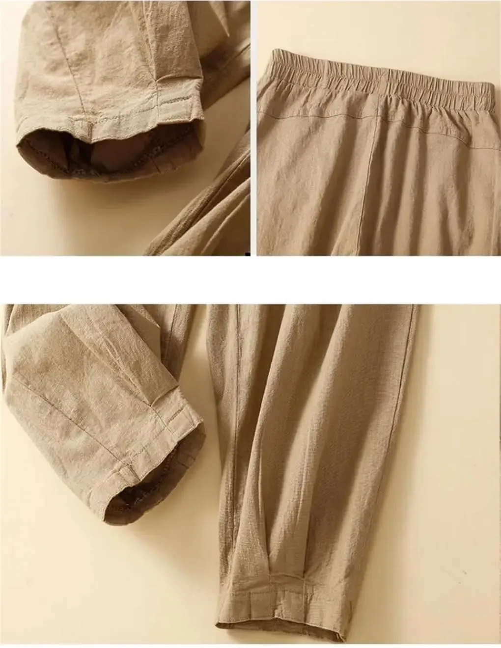 Rfmfkkg Women's Front Pockets Cotton Linen Solid Casual Pants Elastic High Waist Ankle-Length Harem Pants