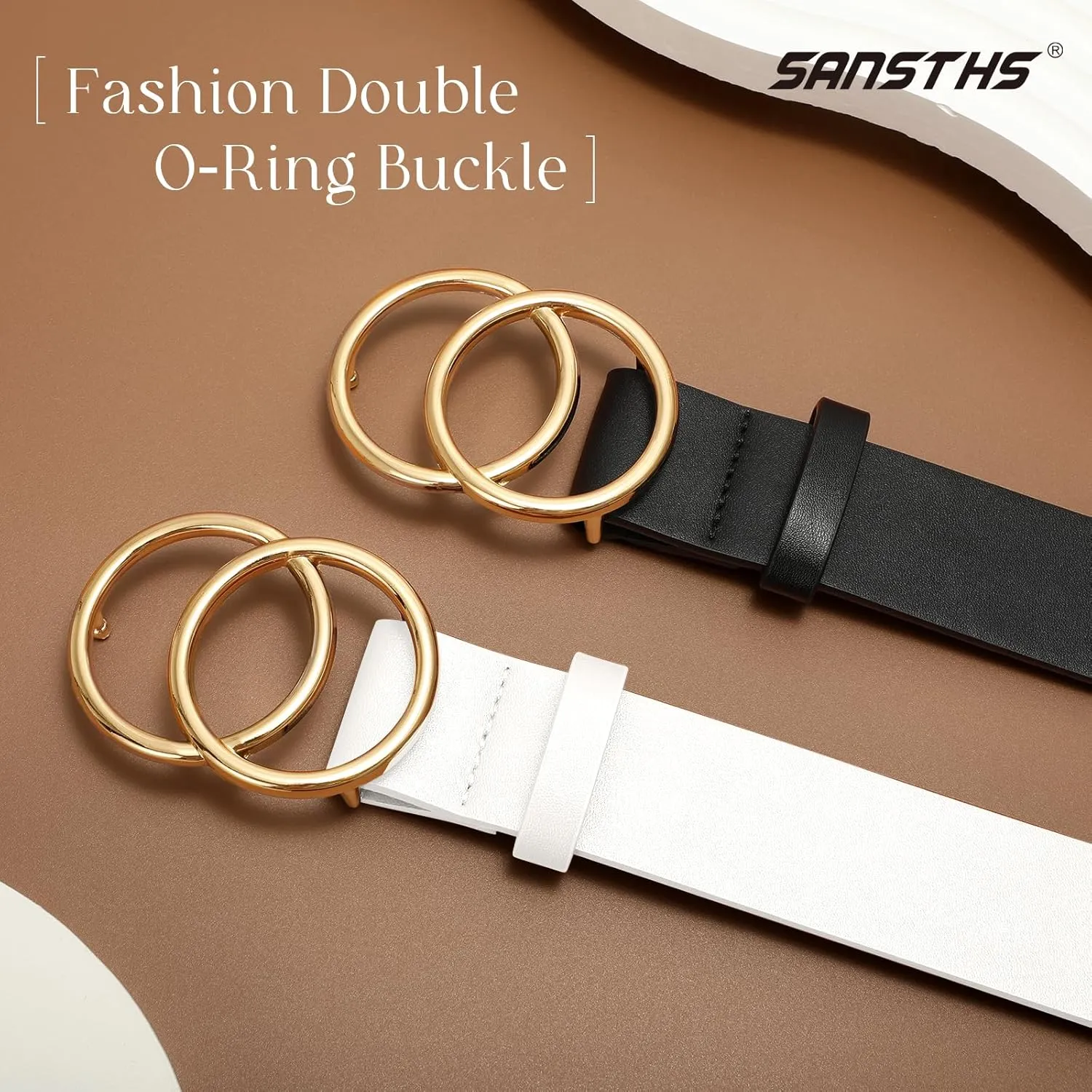 SANSTHS 2 Pack Women Leather Belts Faux Leather Jeans Belt with Double O Ring Buckle