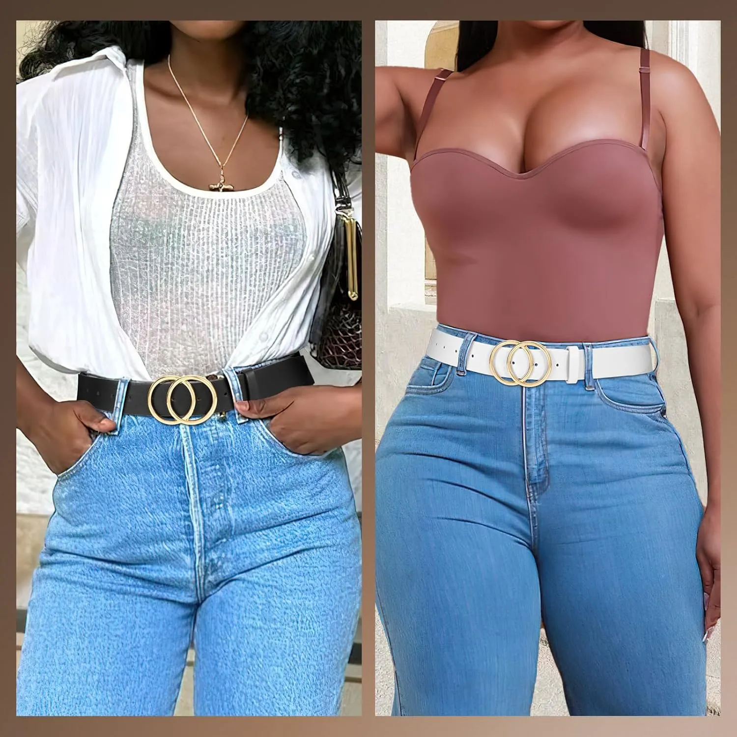 SANSTHS 2 Pack Women Leather Belts Faux Leather Jeans Belt with Double O Ring Buckle