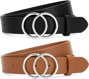 SANSTHS 2 Pack Women Leather Belts Faux Leather Jeans Belt with Double O Ring Buckle