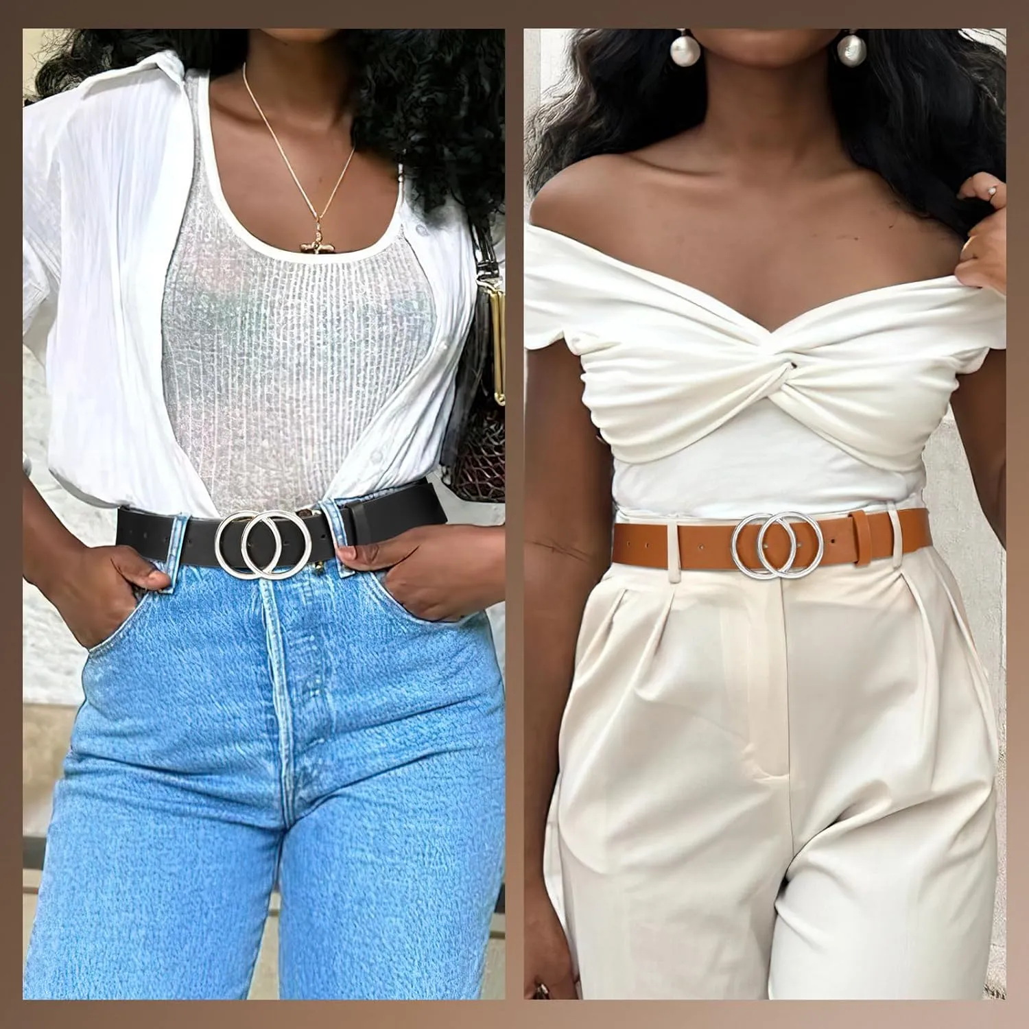 SANSTHS 2 Pack Women Leather Belts Faux Leather Jeans Belt with Double O Ring Buckle