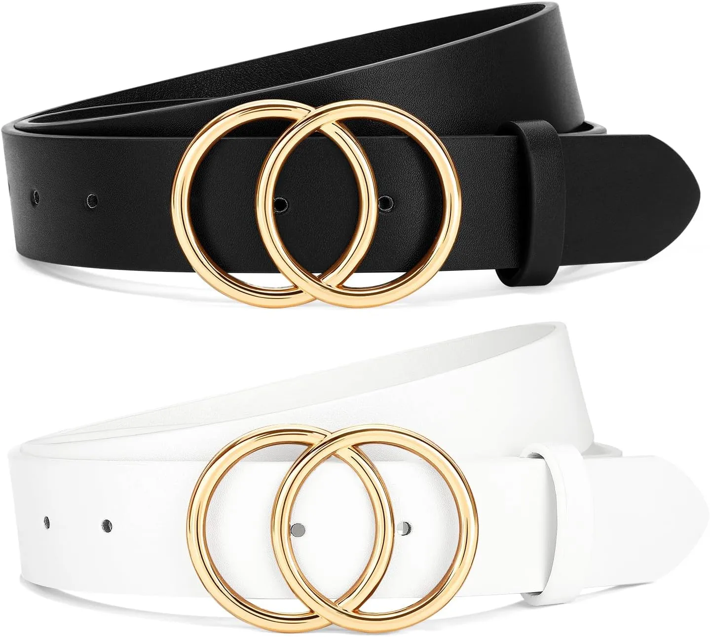 SANSTHS 2 Pack Women Leather Belts Faux Leather Jeans Belt with Double O Ring Buckle