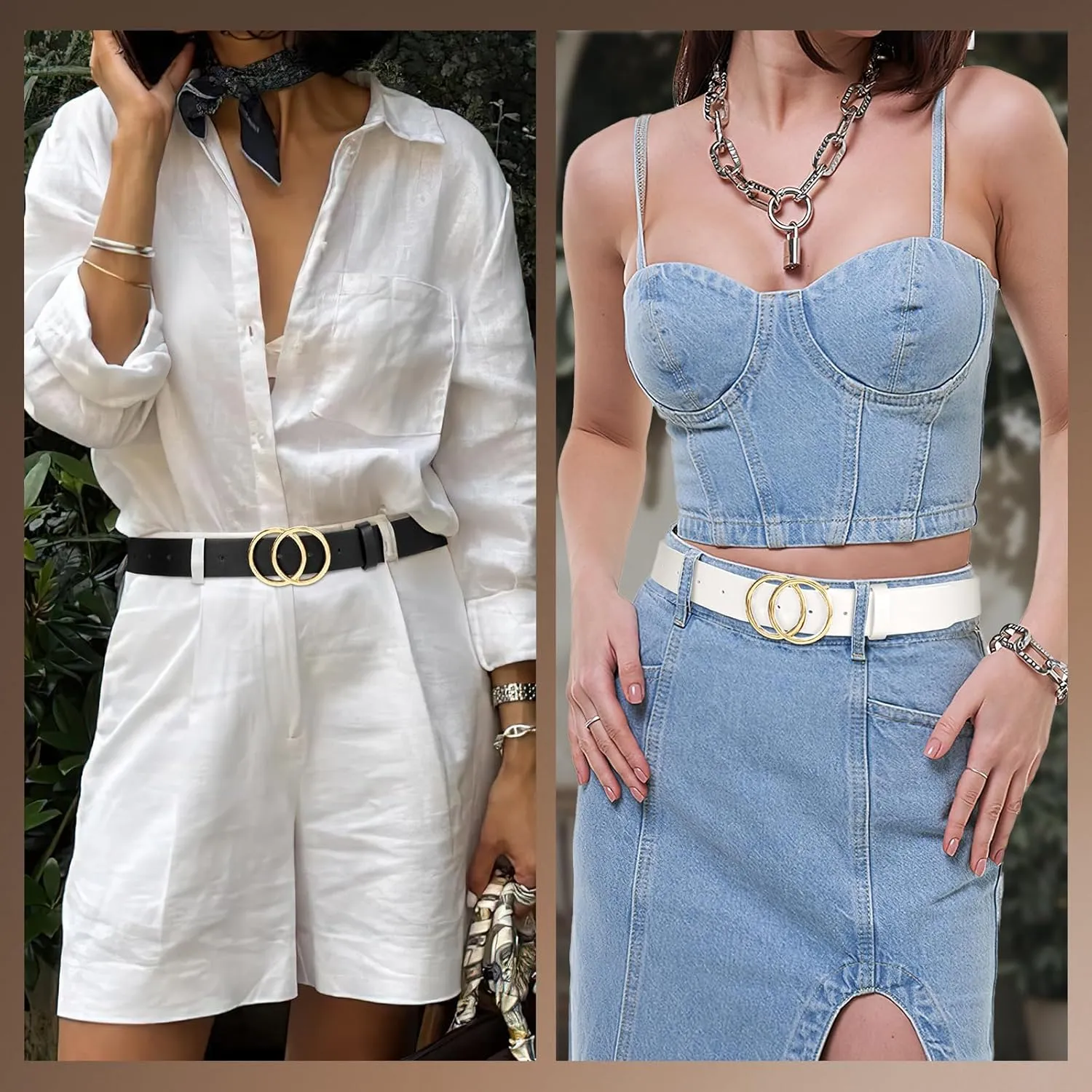 SANSTHS 2 Pack Women Leather Belts Faux Leather Jeans Belt with Double O Ring Buckle