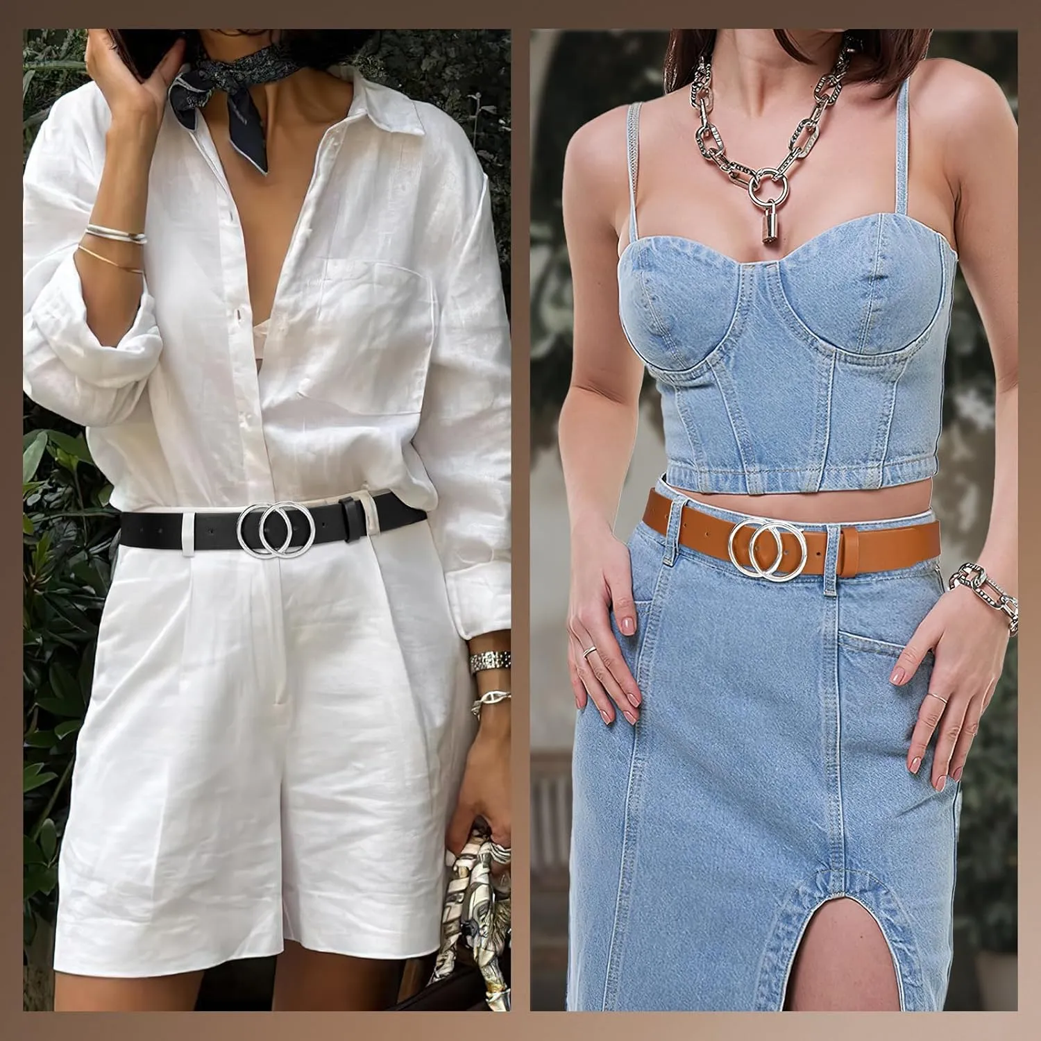 SANSTHS 2 Pack Women Leather Belts Faux Leather Jeans Belt with Double O Ring Buckle