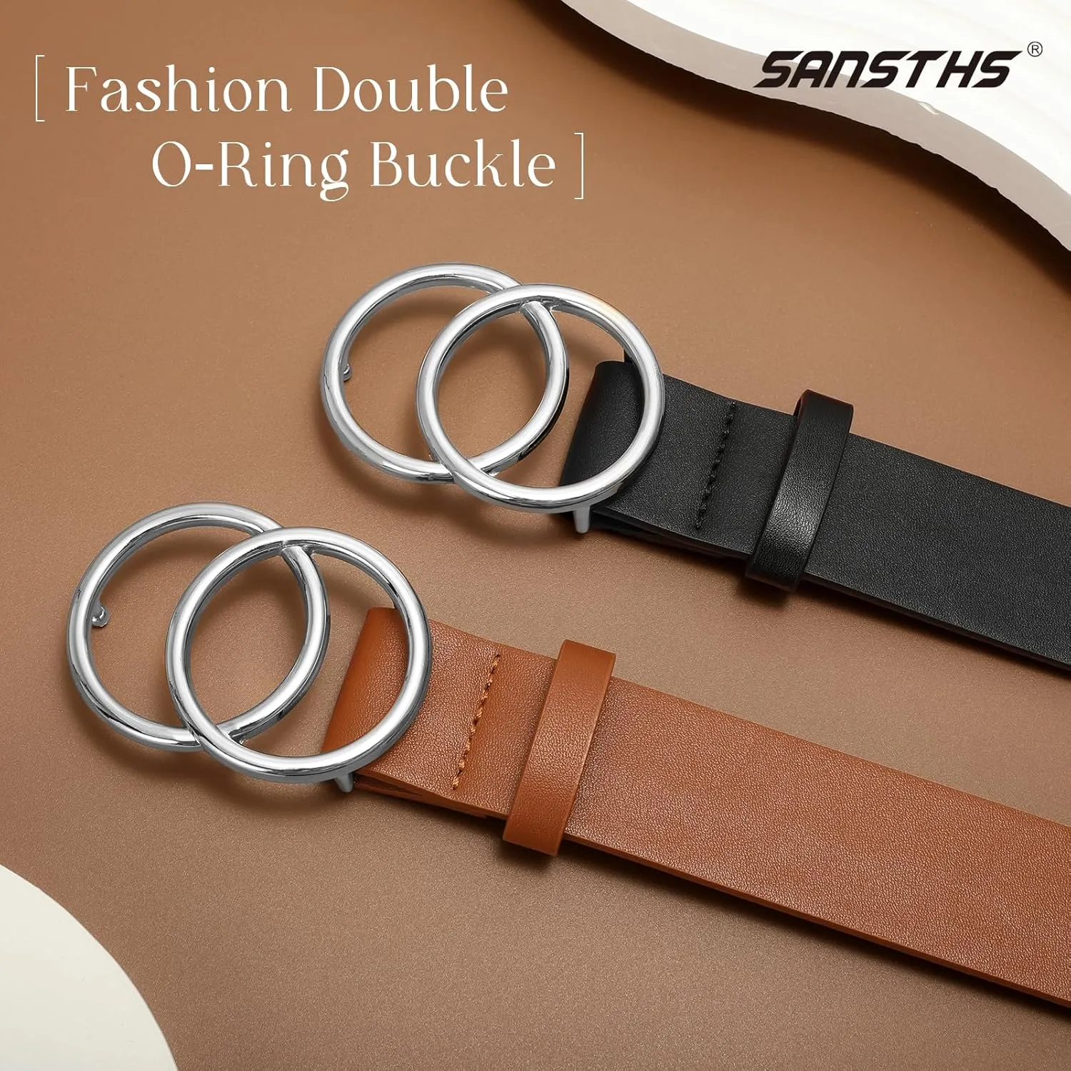 SANSTHS 2 Pack Women Leather Belts Faux Leather Jeans Belt with Double O Ring Buckle