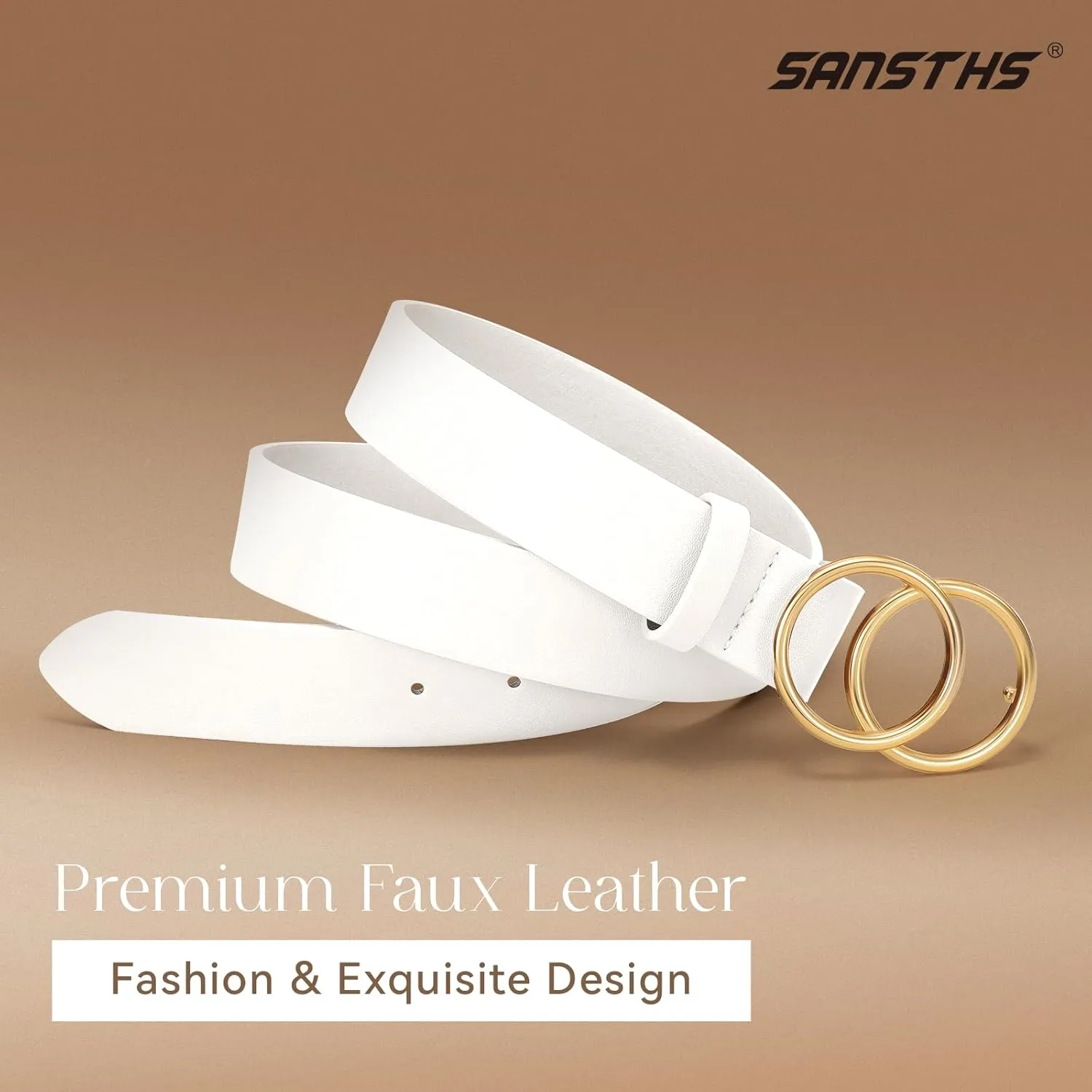 SANSTHS 2 Pack Women Leather Belts Faux Leather Jeans Belt with Double O Ring Buckle