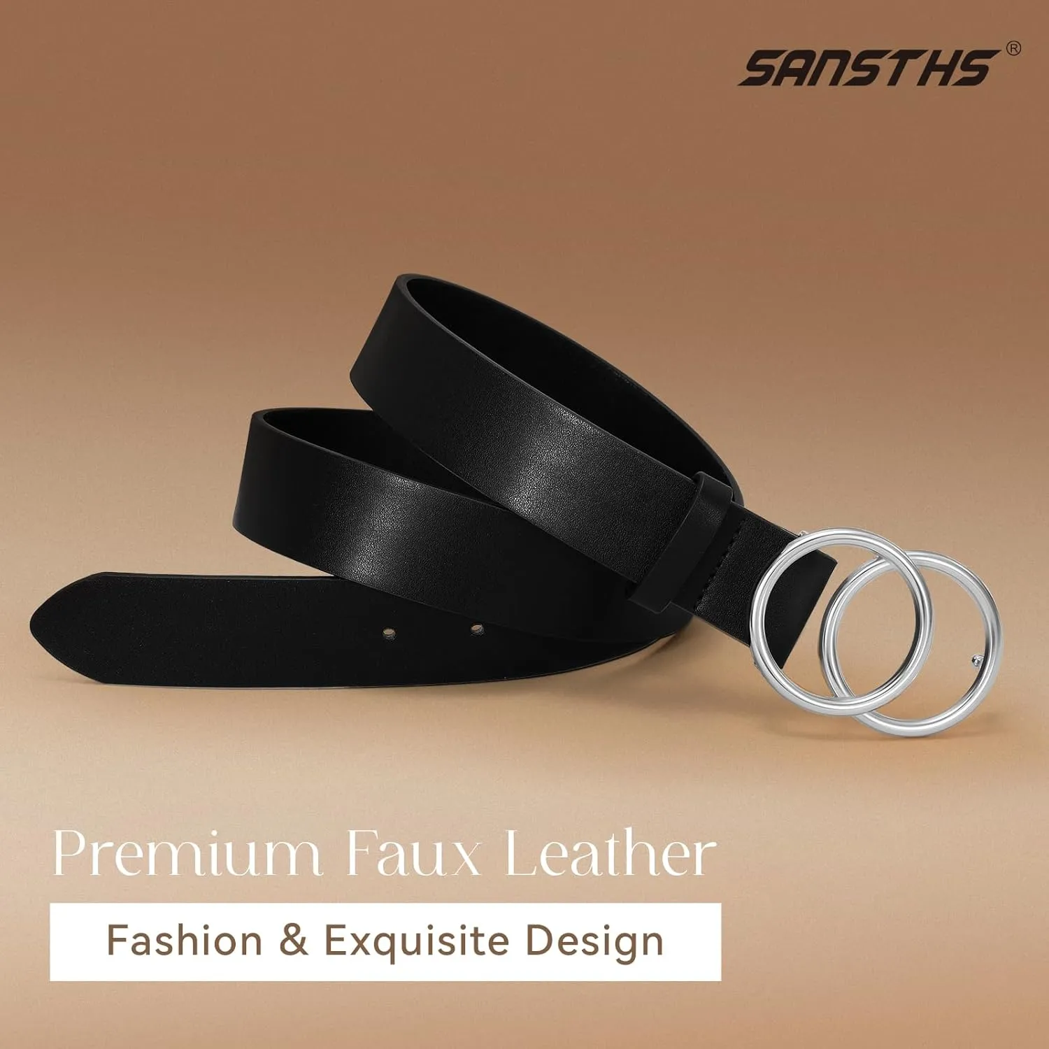 SANSTHS 2 Pack Women Leather Belts Faux Leather Jeans Belt with Double O Ring Buckle