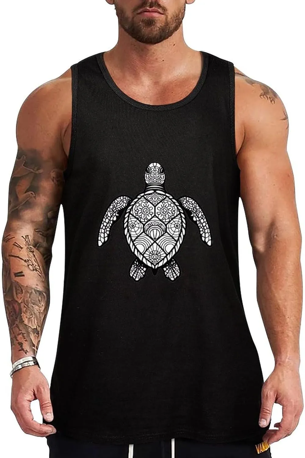 Sea Turtle Mandala Mens Tank Top Cotton Undershirt Crewneck Sleeveless Shirt for Summer
