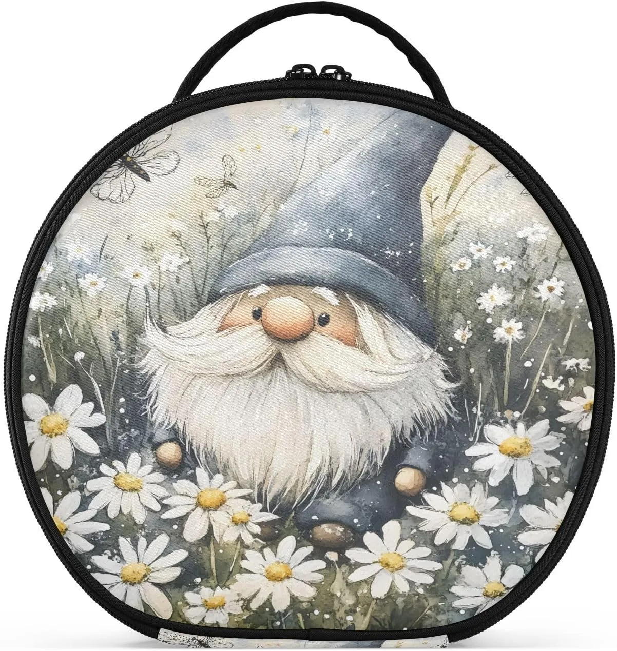senya Round Cosmetic Pouch Travel Makeup Train Case Organizer Bag Portable Makeup Brushes Toiletry Jewelry Accessories Gnome Daisy