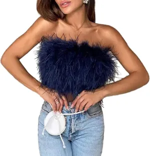 Sexy Faux Fur Feather Crop Tops Furry Strapless Bandeau Tube Top Club Party Camisole Vest Tops(Navy,L)