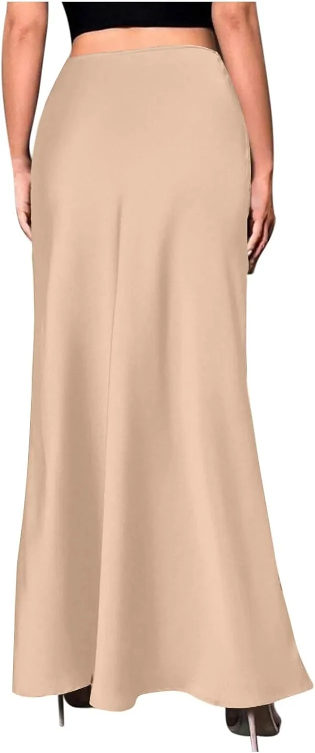Silk Satin Maxi Skirt for Women Solid Fashion Elegant High Waisted Skirts Summer Cocktail Party Wedding A Line Skort