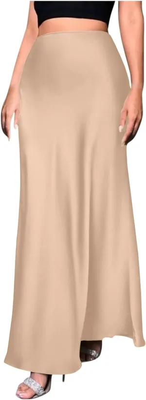 Silk Satin Maxi Skirt for Women Solid Fashion Elegant High Waisted Skirts Summer Cocktail Party Wedding A Line Skort