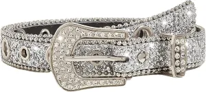 Silver Rhinestone Belt Western Cowgirl Cowboy Belts Vintage Bling Crystal Studded Leather Belt for Jean for 27-39"