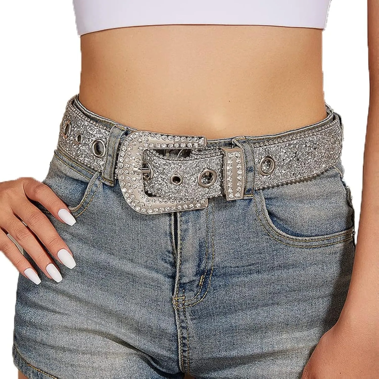 Silver Rhinestone Belt Western Cowgirl Cowboy Belts Vintage Bling Crystal Studded Leather Belt for Jean for 27-39"