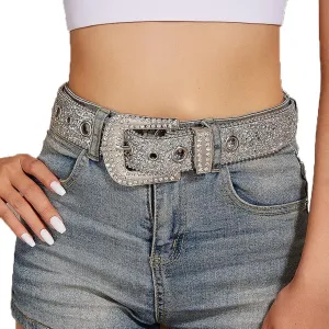 Silver Rhinestone Belt Western Cowgirl Cowboy Belts Vintage Bling Crystal Studded Leather Belt for Jean for 27-39"
