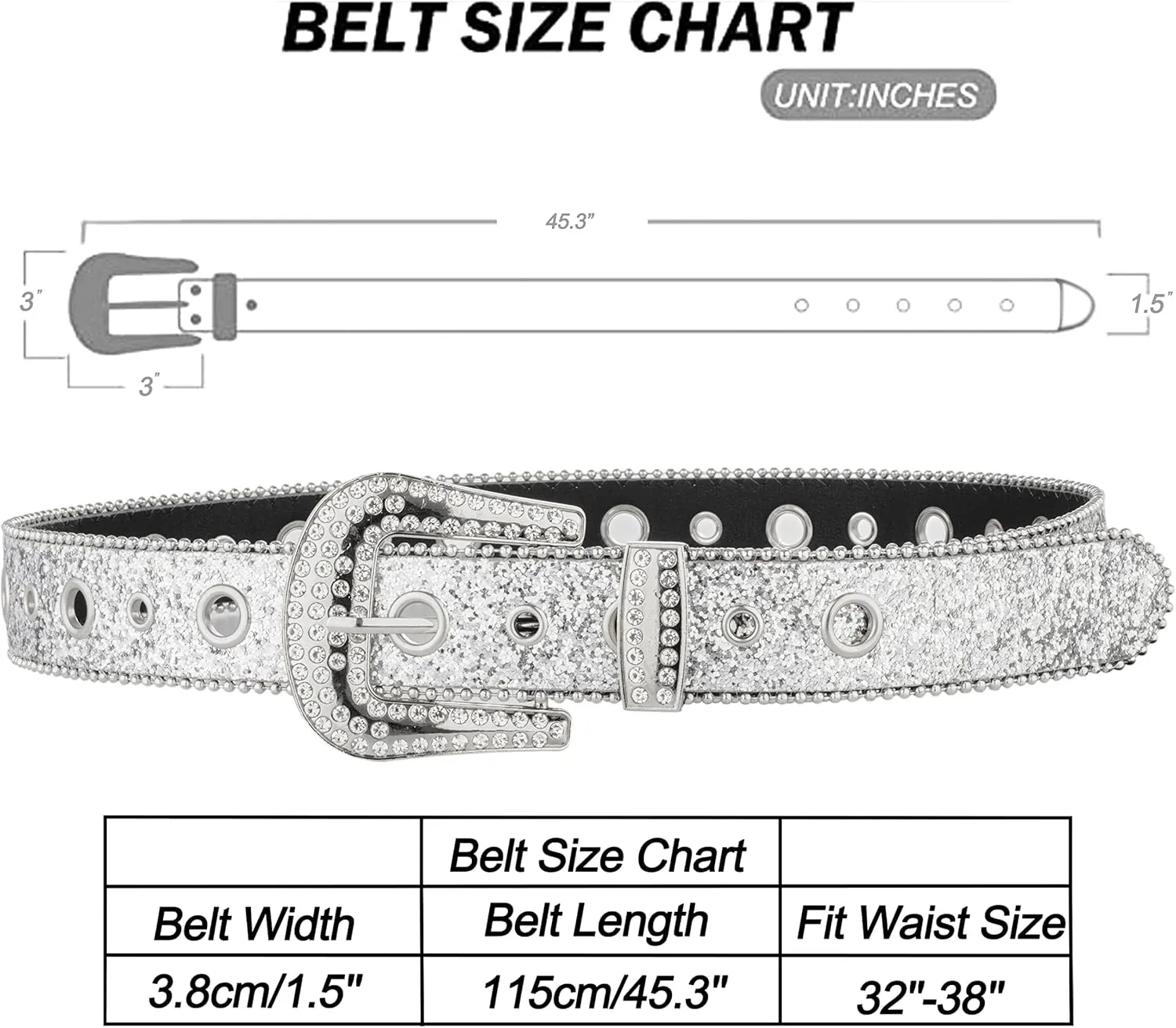 Silver Rhinestone Belt Western Cowgirl Cowboy Belts Vintage Bling Crystal Studded Leather Belt for Jean for 27-39"