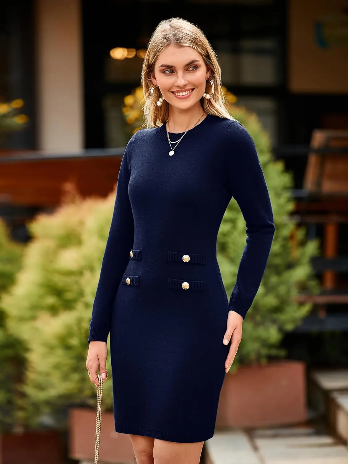 Simplee Women's Fall Long Sleeve Bodycon Sweater Dress Elegant Formal Mini Knit Dress Crew Neck A-line Party Dresses
