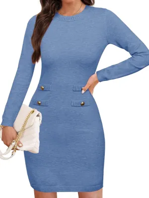 Simplee Women's Fall Long Sleeve Bodycon Sweater Dress Elegant Formal Mini Knit Dress Crew Neck A-line Party Dresses