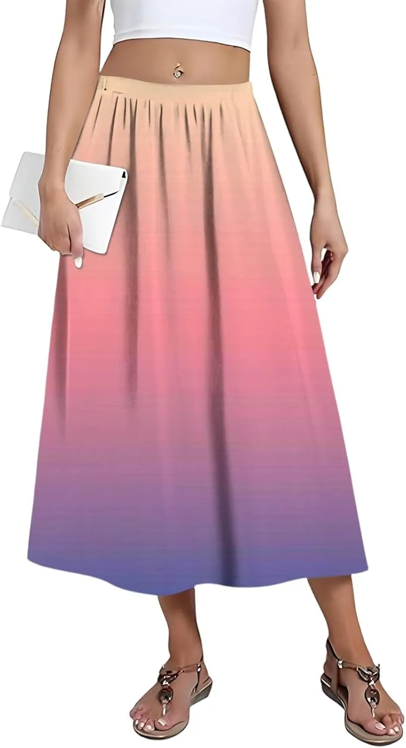 Skirs for Women Gradient Stripe Printed Skirt Elasticated Loose Pocket Pleated Half-Body Skirts Casual Skirt