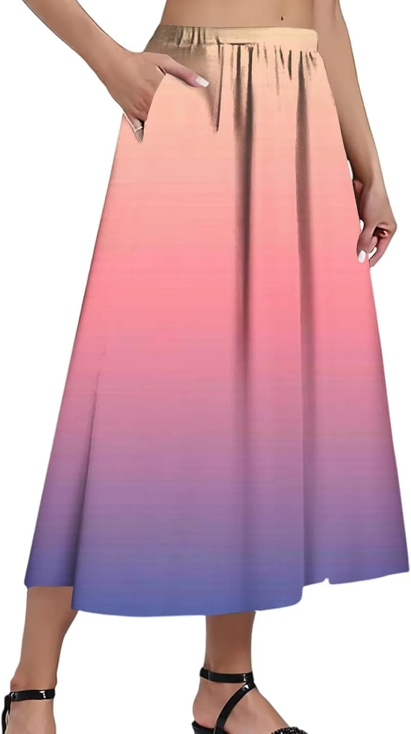 Skirs for Women Gradient Stripe Printed Skirt Elasticated Loose Pocket Pleated Half-Body Skirts Casual Skirt