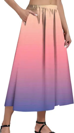 Skirs for Women Gradient Stripe Printed Skirt Elasticated Loose Pocket Pleated Half-Body Skirts Casual Skirt