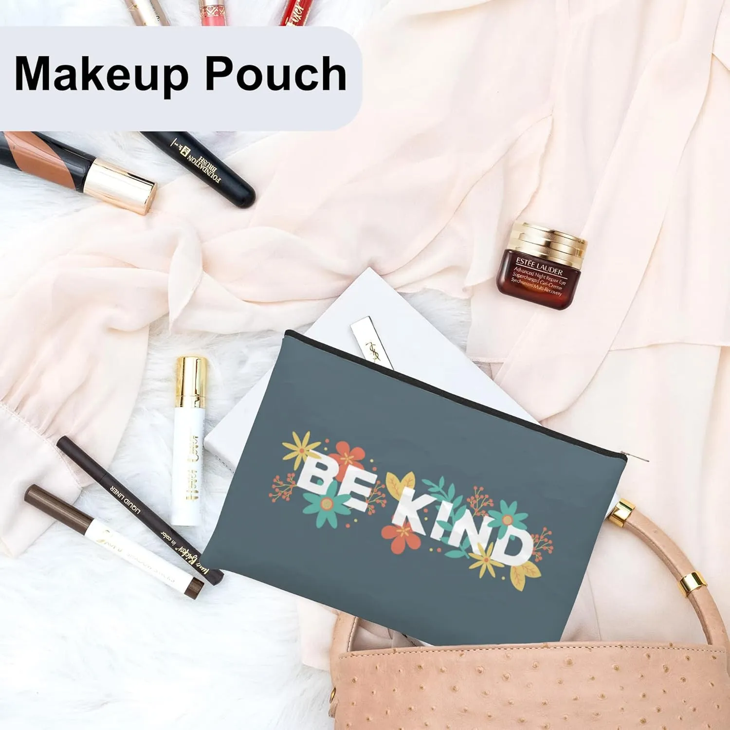 Small Makeup Bag Be Kind Cosmetic Bag for Women Portable Purse Travel Toiletry Bag Accessories Organizer Zipper Pouch