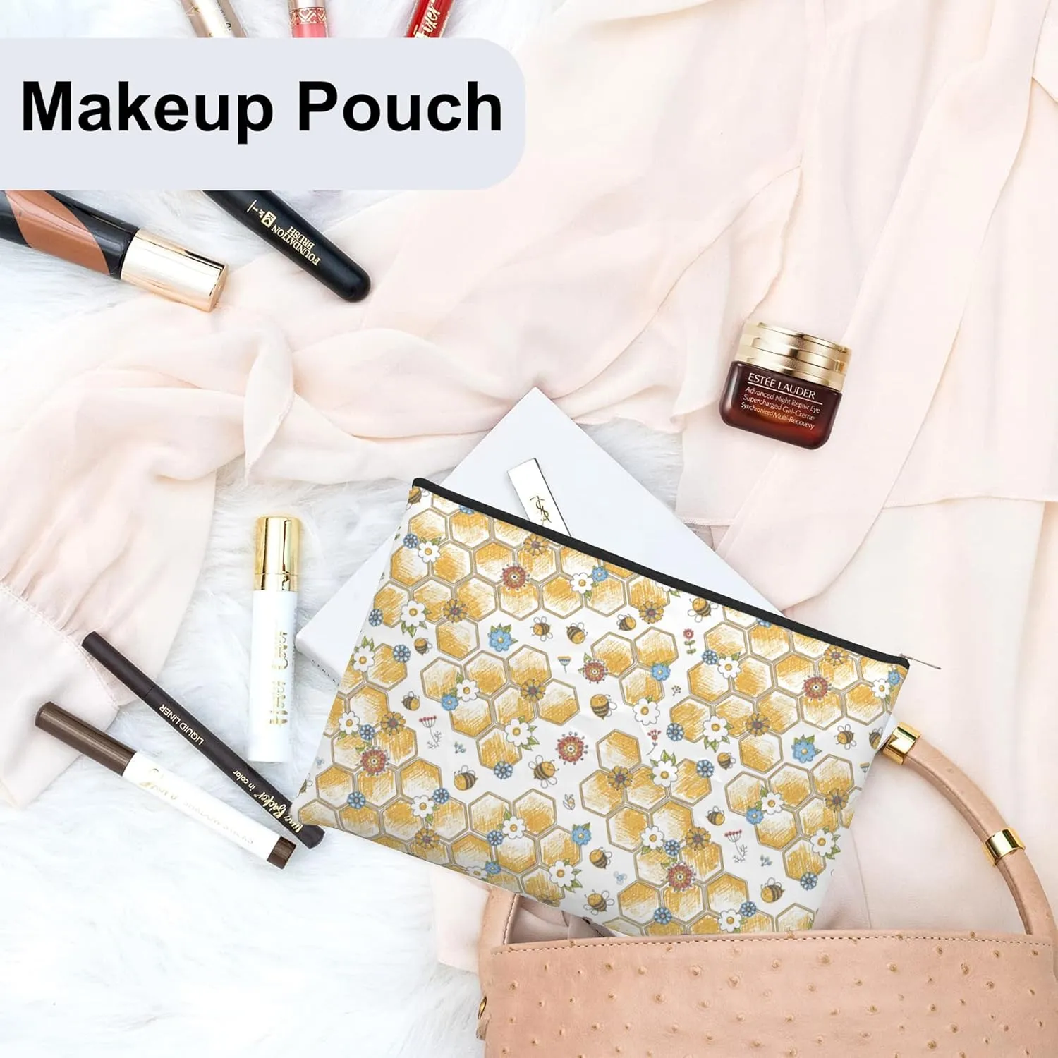 Small Makeup Bag Bees Daisies Cosmetic Bag for Women Portable Purse Travel Toiletry Bag Accessories Organizer Zipper Pouch