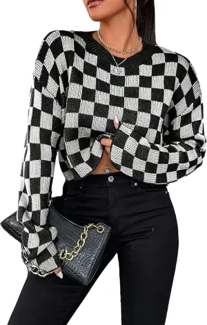SOLY HUX Women's Checkered Sweater Long Sleeve Ribbed Knit Drop Shoulder Pullover Crop Tops
