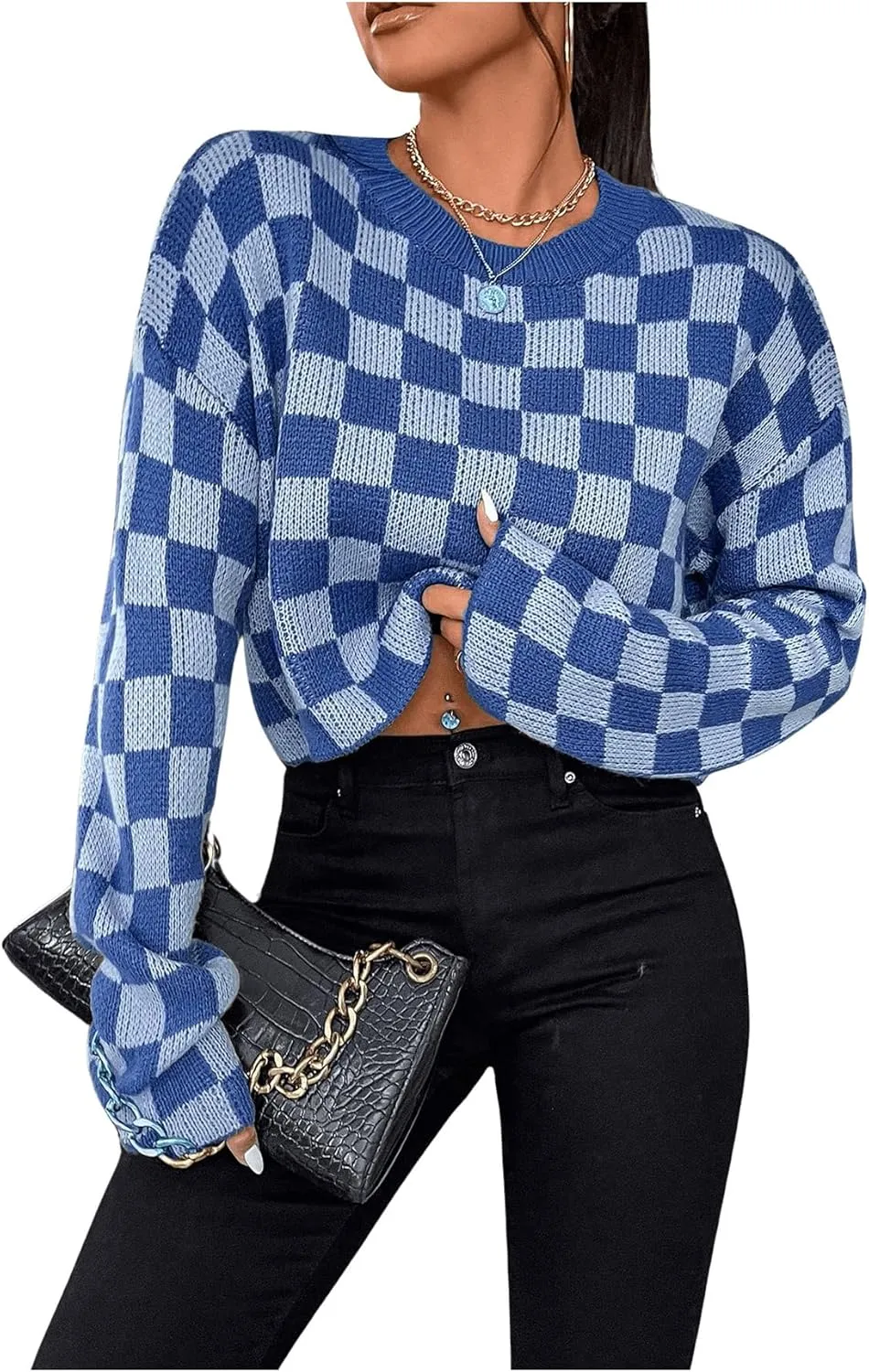 SOLY HUX Women's Checkered Sweater Long Sleeve Ribbed Knit Drop Shoulder Pullover Crop Tops