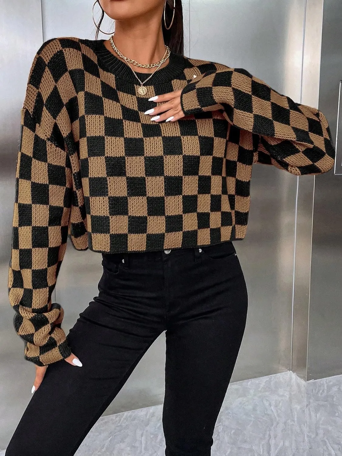SOLY HUX Women's Checkered Sweater Long Sleeve Ribbed Knit Drop Shoulder Pullover Crop Tops