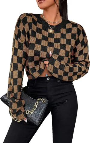 SOLY HUX Women's Checkered Sweater Long Sleeve Ribbed Knit Drop Shoulder Pullover Crop Tops