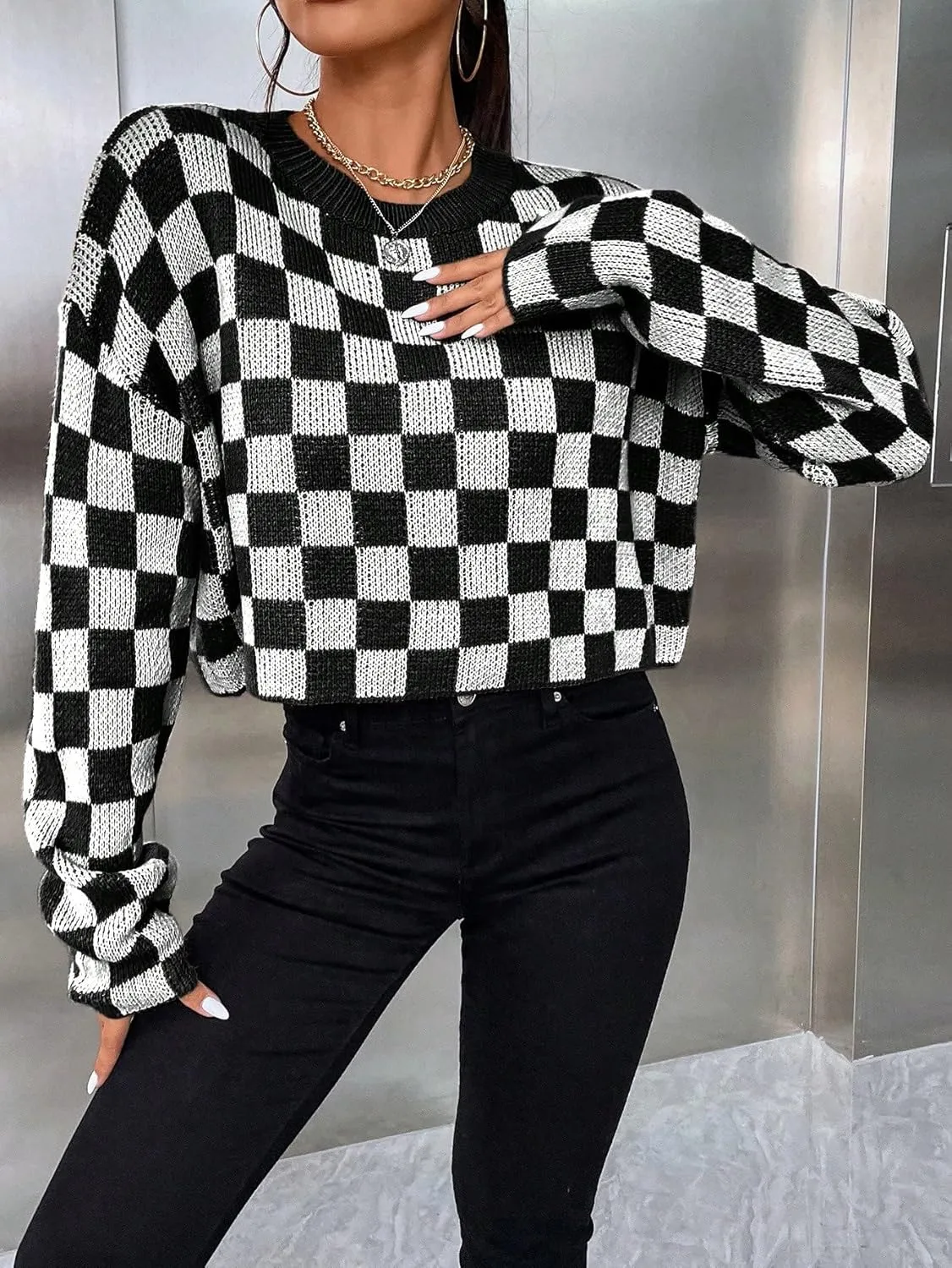 SOLY HUX Women's Checkered Sweater Long Sleeve Ribbed Knit Drop Shoulder Pullover Crop Tops