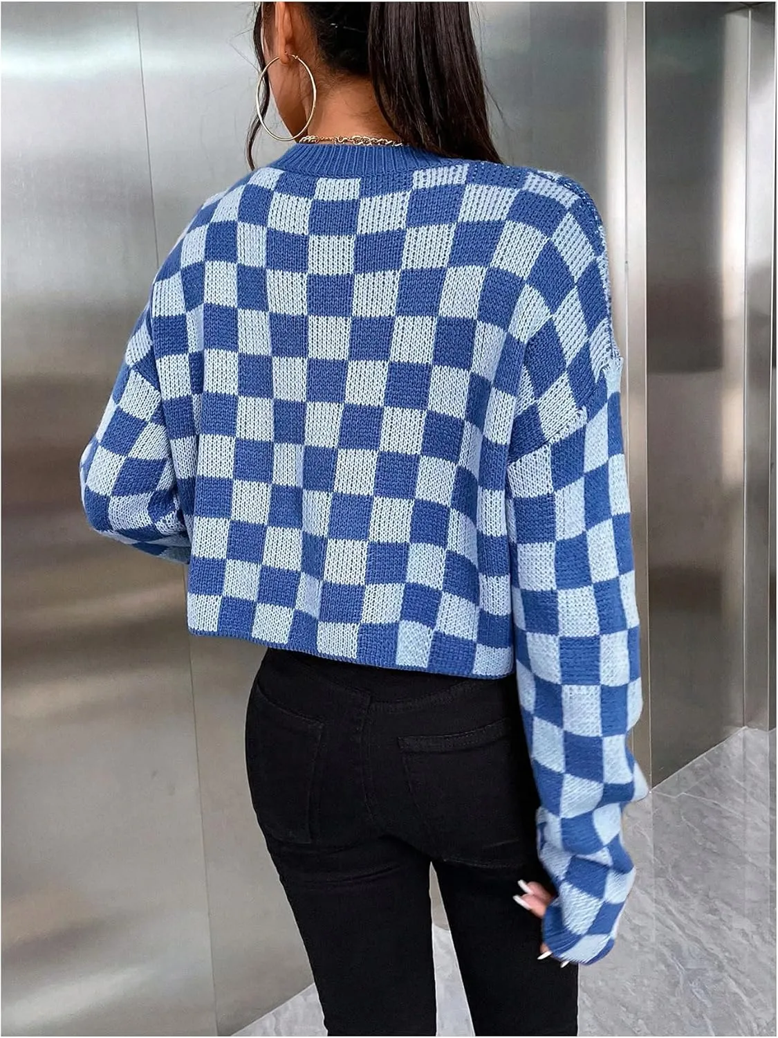 SOLY HUX Women's Checkered Sweater Long Sleeve Ribbed Knit Drop Shoulder Pullover Crop Tops