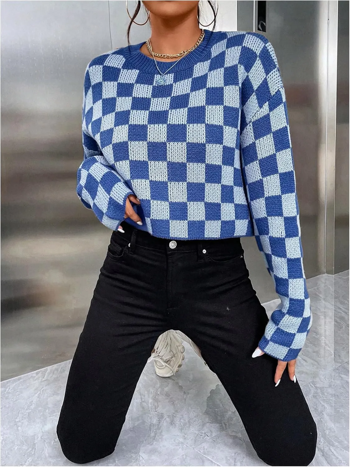 SOLY HUX Women's Checkered Sweater Long Sleeve Ribbed Knit Drop Shoulder Pullover Crop Tops