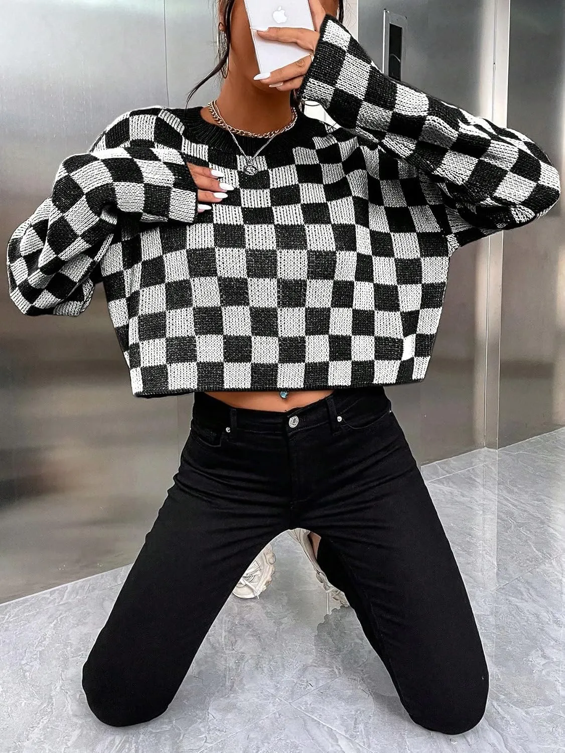 SOLY HUX Women's Checkered Sweater Long Sleeve Ribbed Knit Drop Shoulder Pullover Crop Tops