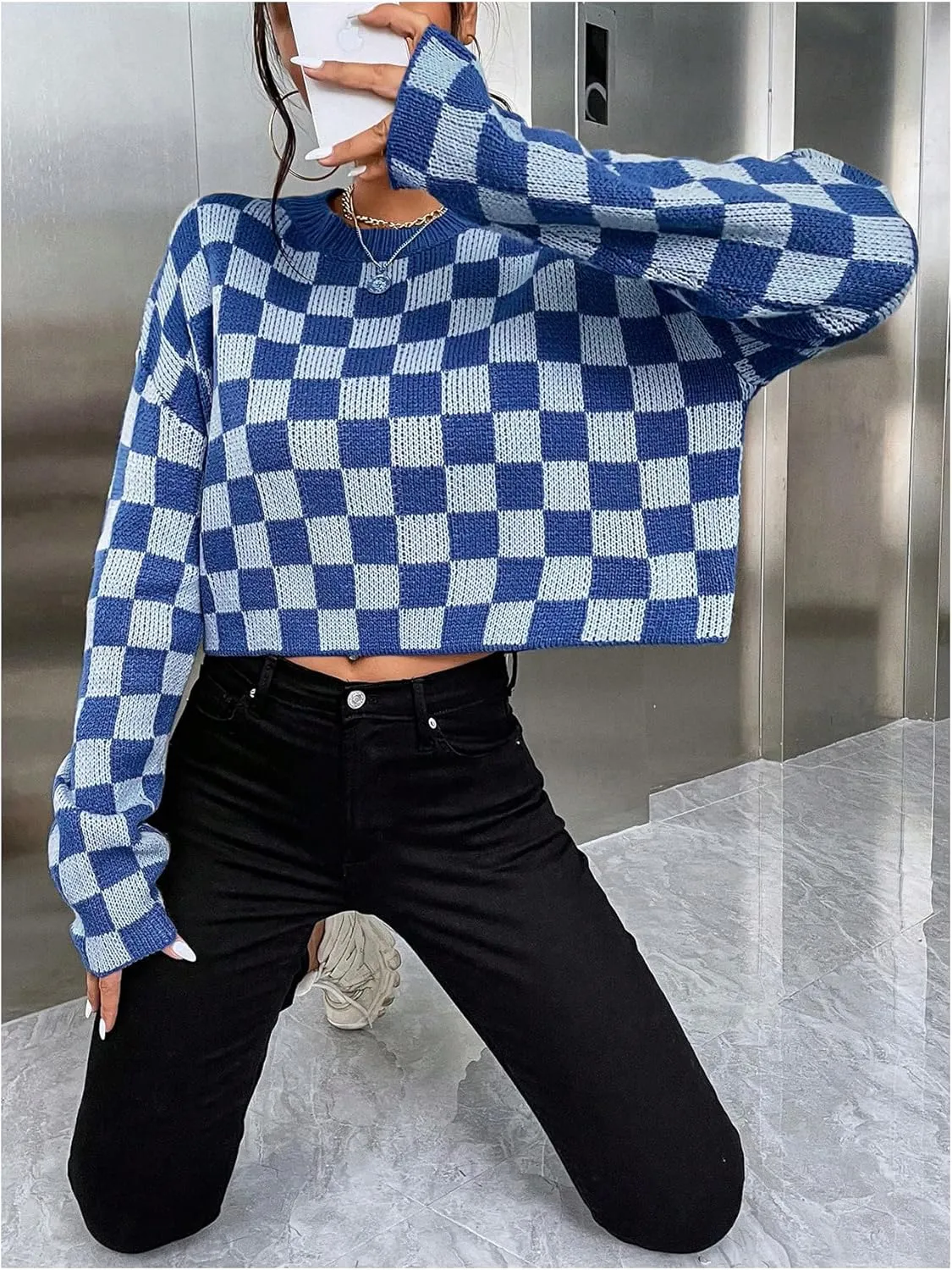 SOLY HUX Women's Checkered Sweater Long Sleeve Ribbed Knit Drop Shoulder Pullover Crop Tops