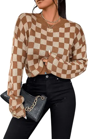 SOLY HUX Women's Checkered Sweater Long Sleeve Ribbed Knit Drop Shoulder Pullover Crop Tops