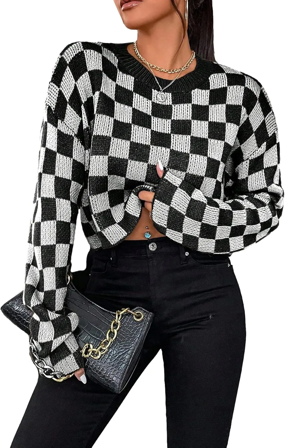 SOLY HUX Women's Checkered Sweater Long Sleeve Ribbed Knit Drop Shoulder Pullover Crop Tops