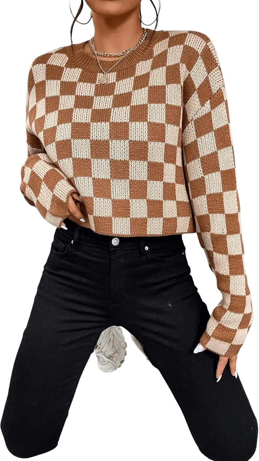 SOLY HUX Women's Checkered Sweater Long Sleeve Ribbed Knit Drop Shoulder Pullover Crop Tops