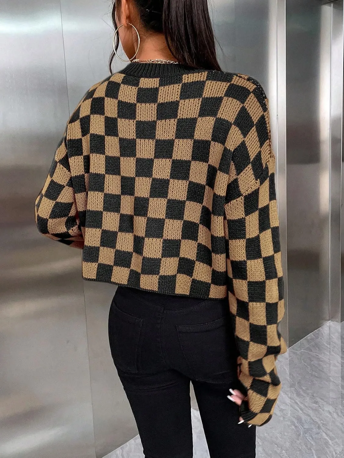 SOLY HUX Women's Checkered Sweater Long Sleeve Ribbed Knit Drop Shoulder Pullover Crop Tops