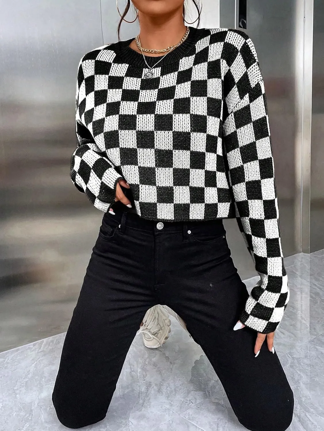 SOLY HUX Women's Checkered Sweater Long Sleeve Ribbed Knit Drop Shoulder Pullover Crop Tops