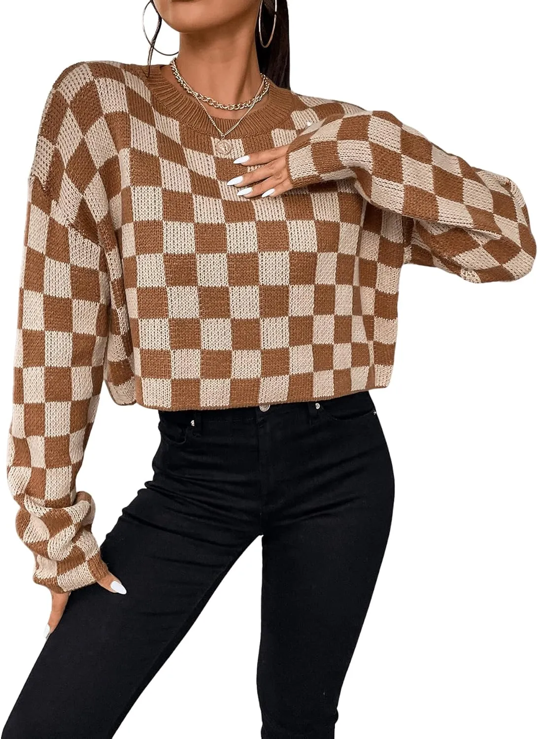 SOLY HUX Women's Checkered Sweater Long Sleeve Ribbed Knit Drop Shoulder Pullover Crop Tops
