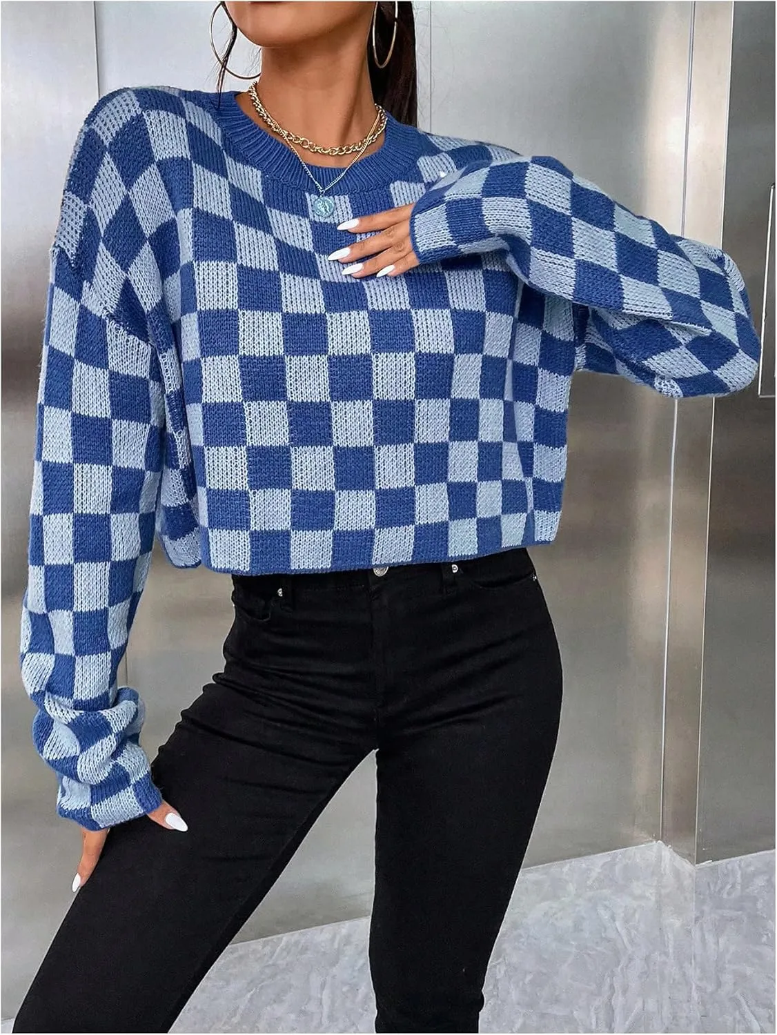 SOLY HUX Women's Checkered Sweater Long Sleeve Ribbed Knit Drop Shoulder Pullover Crop Tops