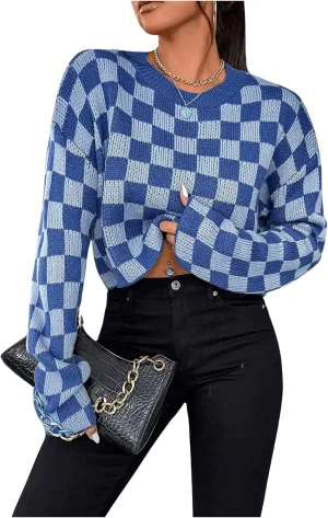 SOLY HUX Women's Checkered Sweater Long Sleeve Ribbed Knit Drop Shoulder Pullover Crop Tops