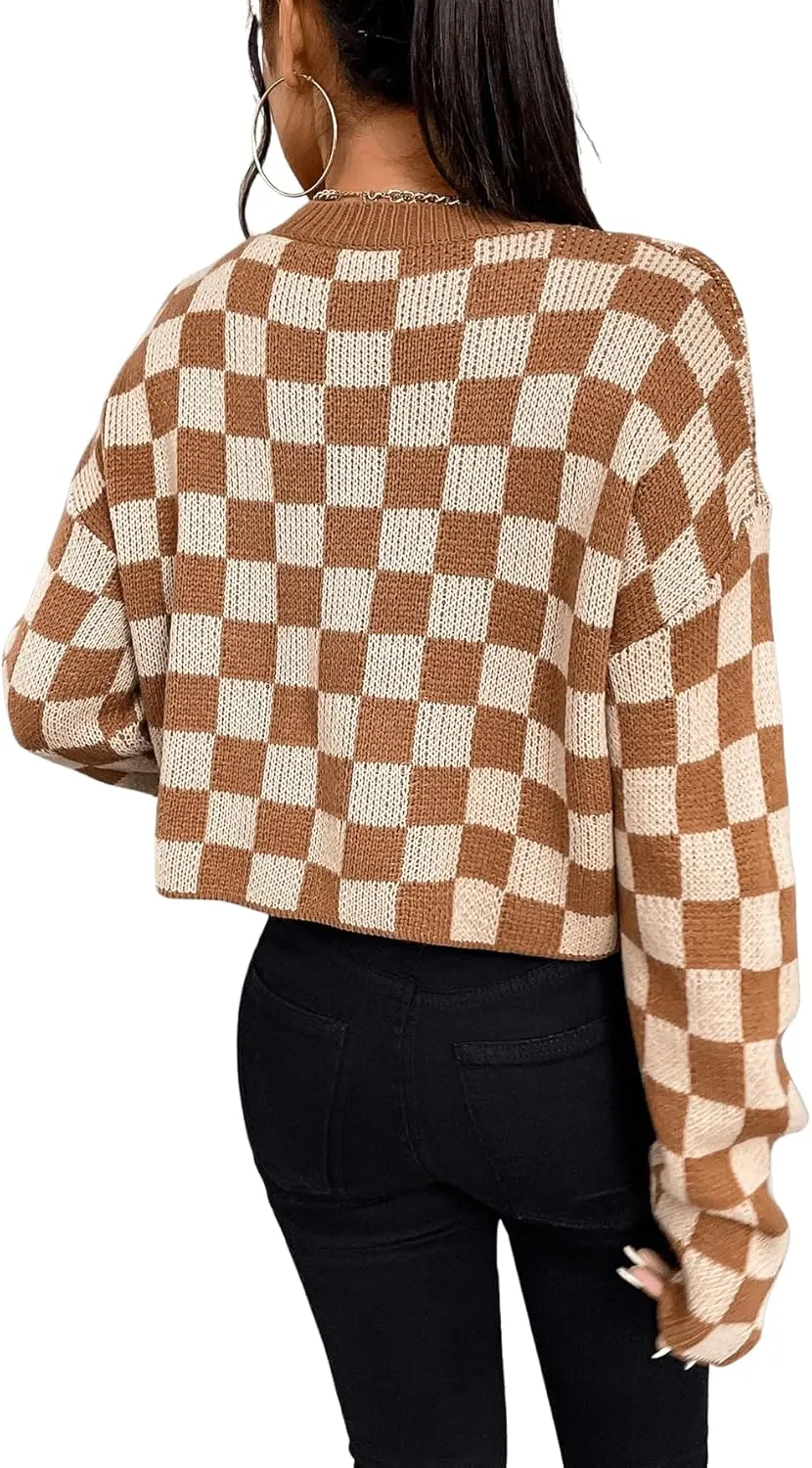 SOLY HUX Women's Checkered Sweater Long Sleeve Ribbed Knit Drop Shoulder Pullover Crop Tops