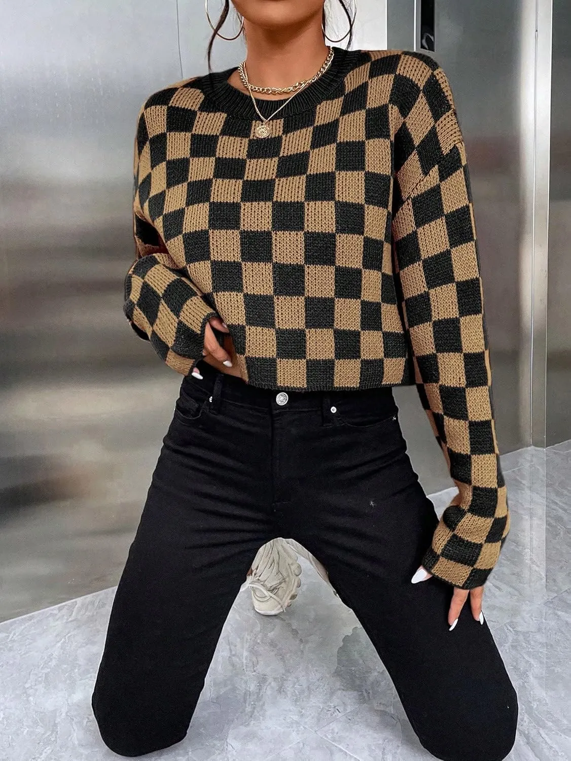 SOLY HUX Women's Checkered Sweater Long Sleeve Ribbed Knit Drop Shoulder Pullover Crop Tops