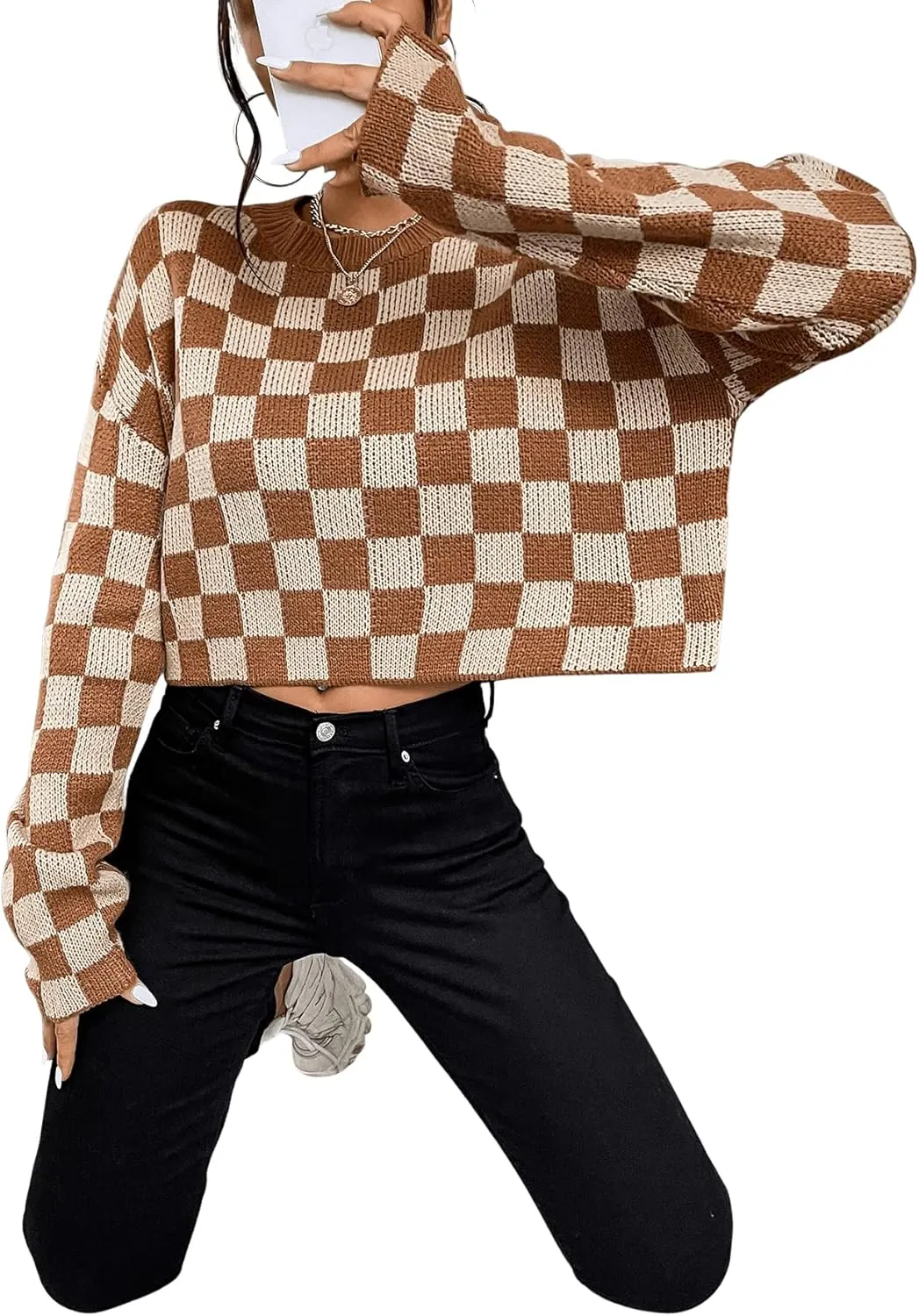 SOLY HUX Women's Checkered Sweater Long Sleeve Ribbed Knit Drop Shoulder Pullover Crop Tops