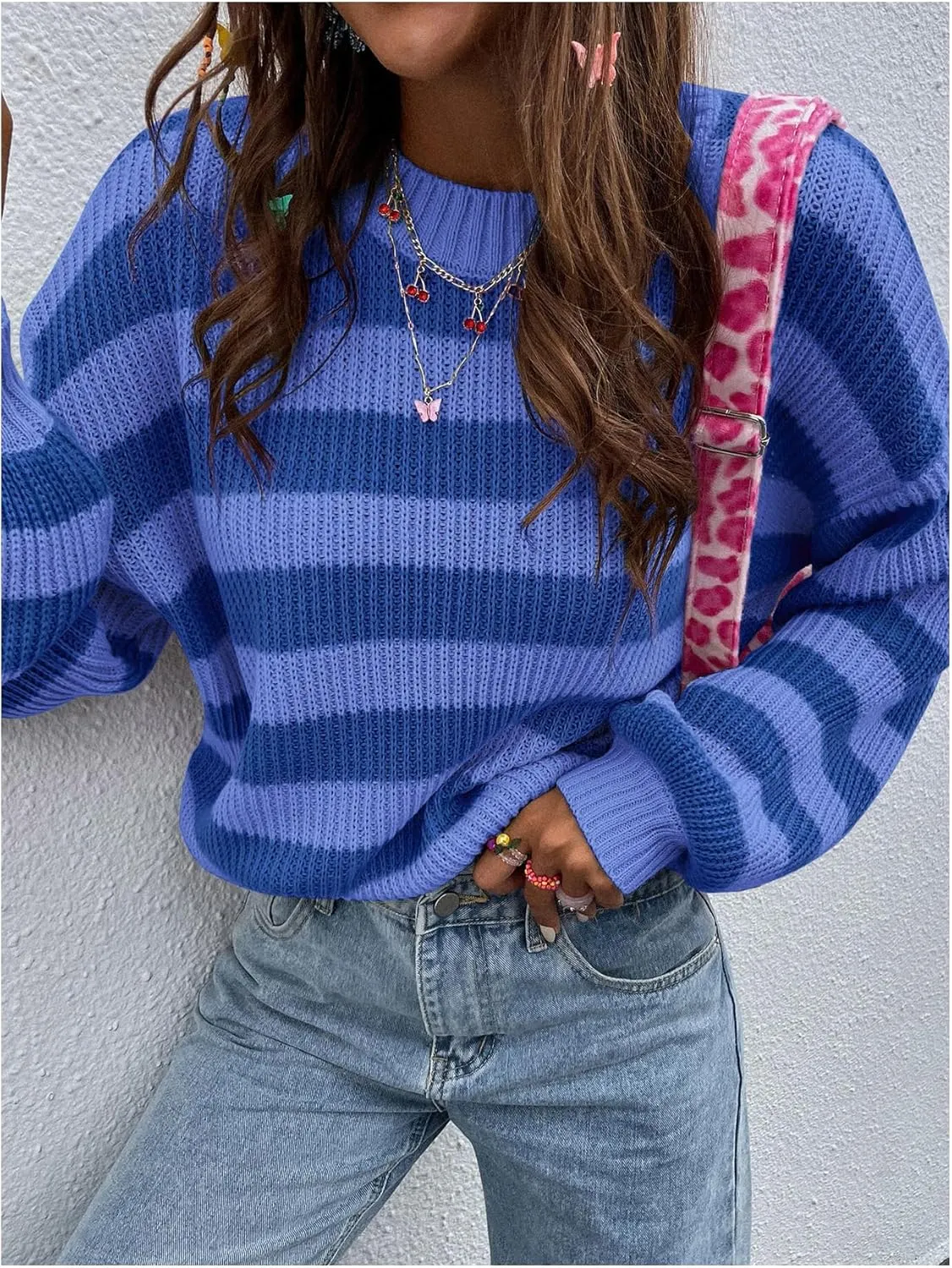 SOLY HUX Women's Color Block Striped Knit Tops Casual Long Sleeve Drop Shoulder Sweater Pullovers