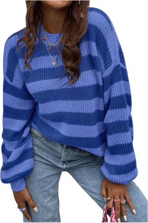 SOLY HUX Women's Color Block Striped Knit Tops Casual Long Sleeve Drop Shoulder Sweater Pullovers
