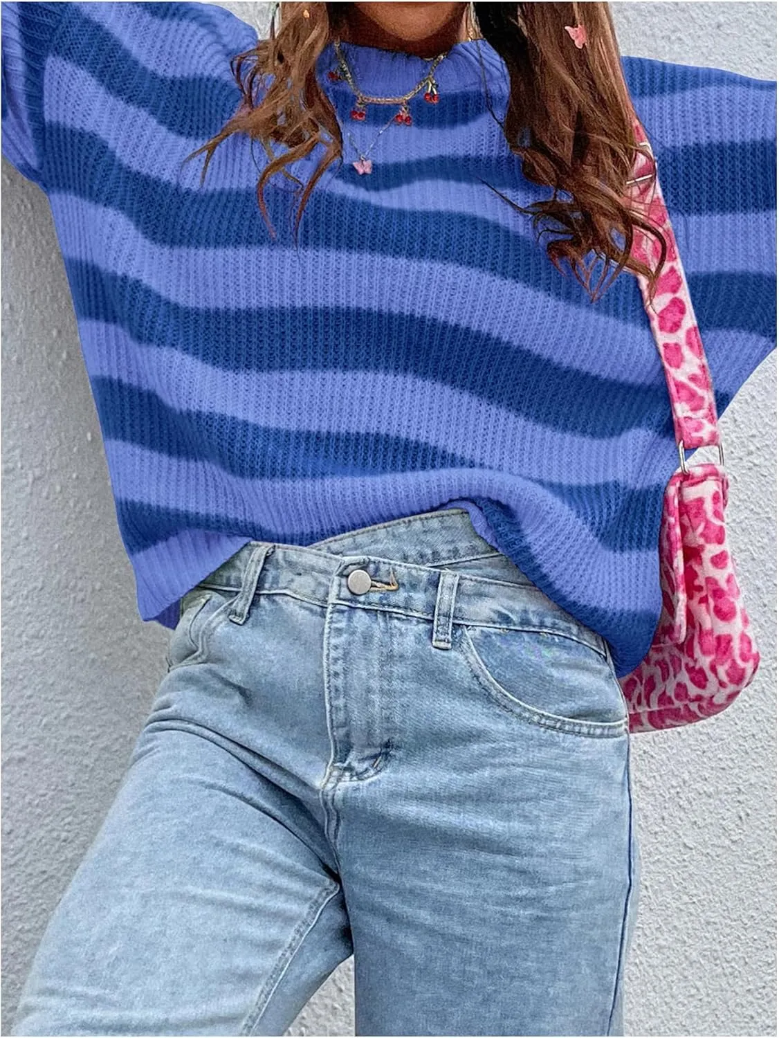 SOLY HUX Women's Color Block Striped Knit Tops Casual Long Sleeve Drop Shoulder Sweater Pullovers